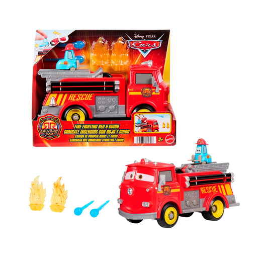 Mattel cars – sfreccia e soccorri red e guido pompieri, set con camion dei pompieri, 2 bersagli a forma di fiamma e 2 proiettili ad acqua