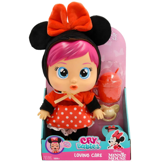 Cry babies loving care minnie: bambola da accudire con pigiama, biberon, ciuccio e lacrime vere