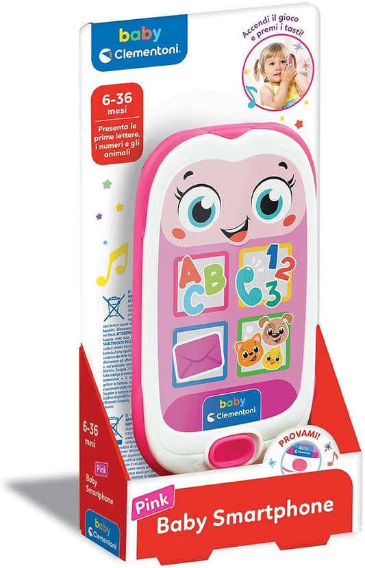 Clementoni Baby Baby Smartphone Pink, Telefono Bambini 6-36 Mesi, Centro attività con 4 Tasti per Imparare Parole e Numeri con Canzoni e Filastrocche, Luci e Suoni, Lingua Italiana, 17935