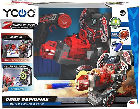 Bizak YCOO Rapidfire, Robot con Luci LED sul Viso e Effetti Sonori, 2 Modi di Gioco, Diretto e Autonomo Sparare Freccette Dal Mando, Funziona a Batterie,