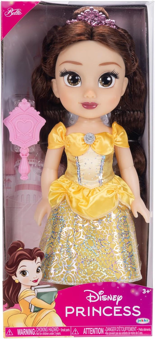 Disney Princess – bambola 38 cm di Belle, con i suoi abiti iconici arricchiti da dettagli glitterati, tiara scintillante e scarpette coordinate, i suoi occhi brillano