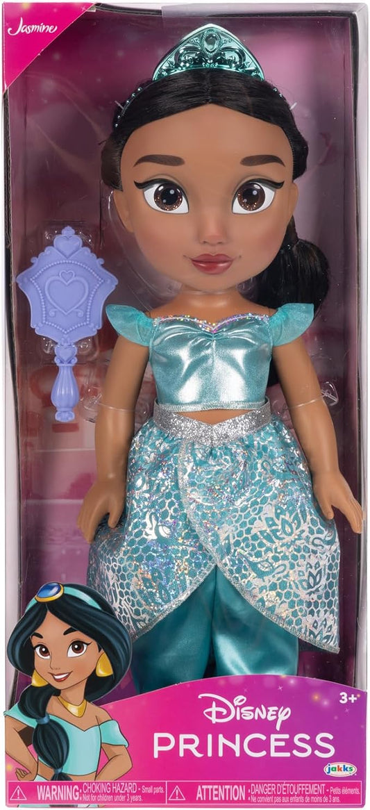 Disney Princess – bambola 38 cm di Jasmine, con i suoi abiti iconici arricchiti da dettagli glitterati, tiara scintillante e scarpette coordinate, i suoi occhi brill