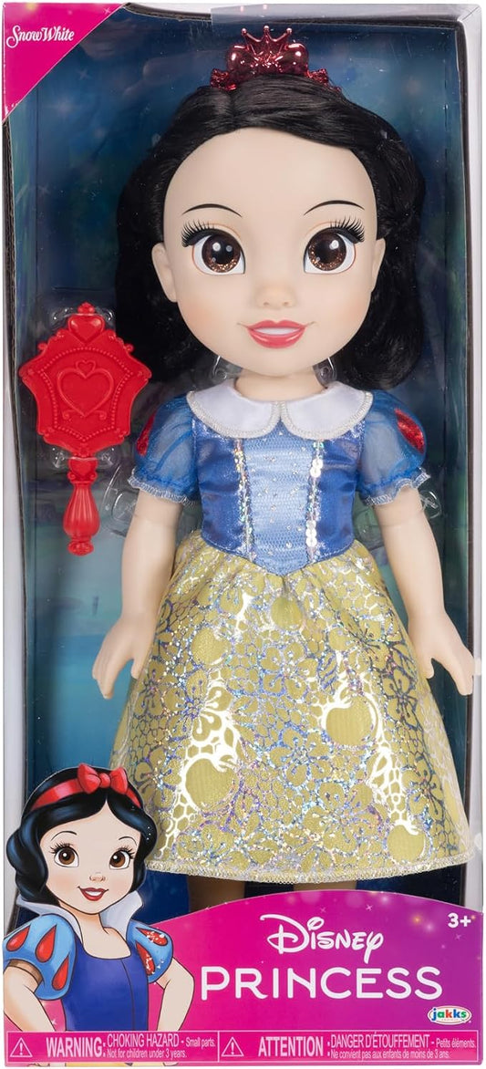 Disney Princess – bambola 38 cm di Biancaneve, con i suoi abiti iconici arricchiti da dettagli glitterati, tiara scintillante e scarpette coordinate, i suoi occhi brillan