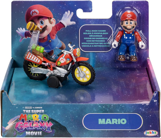 Action figure di Mario con la moto del film Super Mario Galaxy, alta 6,35 cm, con licenza ufficiale Jakks Pacific, 9 punti di articolazione, design dettagliato, basta tirare indietro e partire!