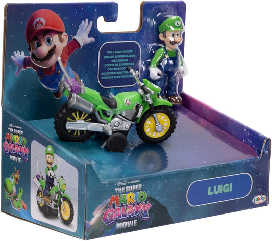 Action figure di Luigi con moto del film Super Mario Galaxy, alta 6,35 cm, con licenza ufficiale Jakks Pacific, 9 punti di articolazione, design dettagliato, carica e via!