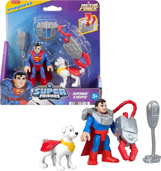 Fisher-Price Imaginext DC Super Friends, Action Figure Metal Force e set di accessori con Superman, Krypto Super Dog da 7,6 cm e strumento per afferrare
