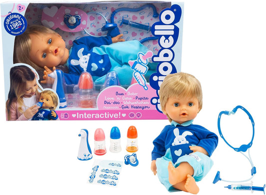 Cicciobello Bua, Bambola Interattiva con Accessori, Giochi Bambini 2 anni, Accessori per la Cura Come Termometro e Stetoscopio, Usa il Ciuccio per Farlo Smettere di Piangere!