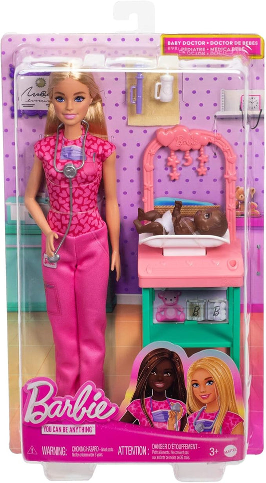 Barbie Carriere - Pediatra, set bambola bionda con divisa da medico rosa e un neonato, stetoscopio, mobili e accessori inclusi, giocattolo per bambini, 3+...