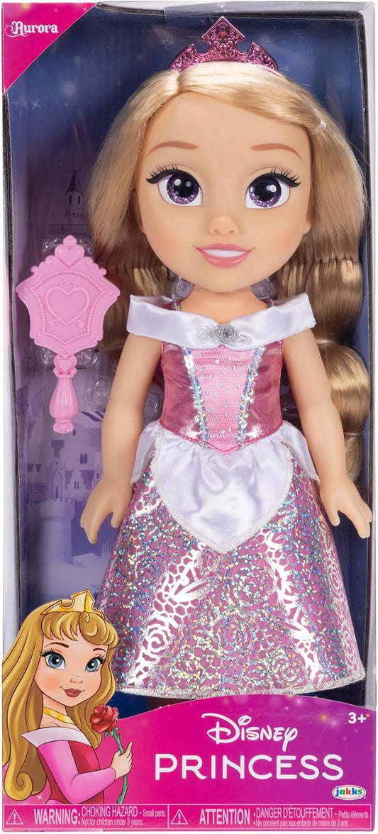 Disney Princess – bambola 38 cm di Aurora, con i suoi abiti iconici arricchiti da dettagli glitterati, tiara scintillante e scarpette coordinate, i suoi occhi brillano