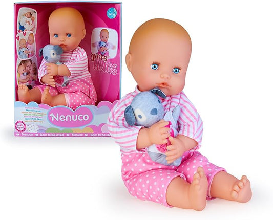 Nenuco - Bambola morbida da 42 cm con vestitino rimovibile, le braccia si chiudono in un abbraccio, include un cagnolino morbido, per bambine/i dai 2 anni, Famosa NFN76000
