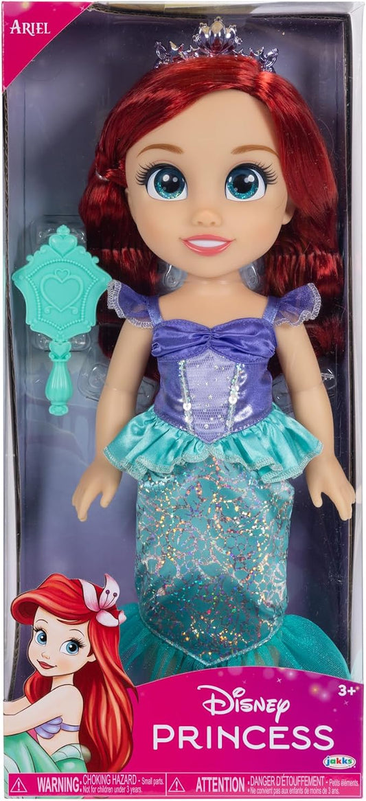 Disney Princess – bambola 38 cm di Ariel, con i suoi abiti iconici arricchiti da dettagli glitterati, tiara scintillante e scarpette coordinate, i suoi occhi brillano