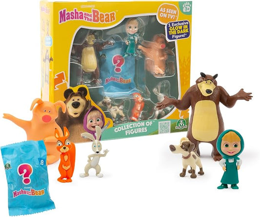 Masha E Orso - Set Composto Da 6 Personaggi Della Famosa Serie Tv Alti dai 5 Ai 7 Cm Ed 1 Esclusivo A Sorpresa Che Si Illumina Al Buio, Per Bambini A partire Dai 3 Anni