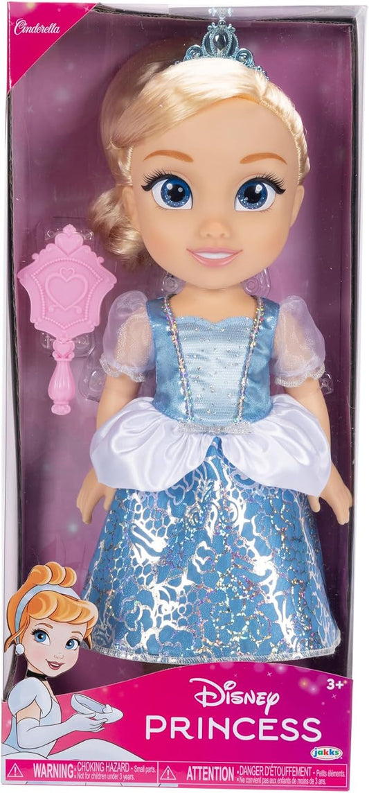 Disney Princess – bambola 38 cm di Cenerentola, con i suoi abiti iconici arricchiti da dettagli glitterati, tiara scintillante e scarpette coordinate, i suoi occhi brillano