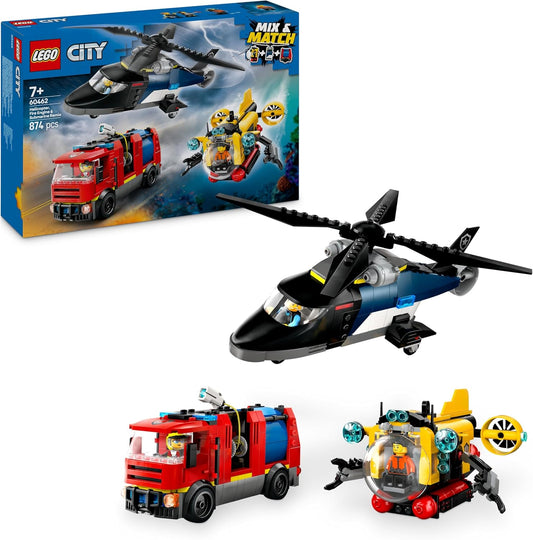 LEGO City 3in1 Helicopter, Fire Truck & Submarine Remix Toy with 3 Minifigures