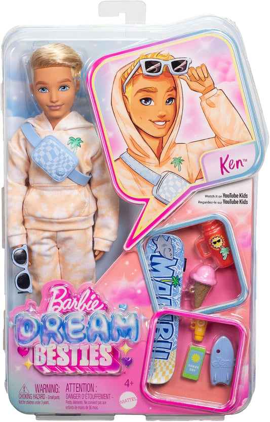 Barbie Dream Besties Bambola Ken e Accessori | Bambola alla moda Ken con abiti rimovibili, 9 accessori a tema skateboard estivi, dai 3 anni, JDD75