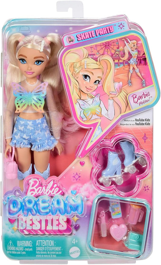 Barbie Dream Besties Party sui Pattini Malibu Bambola e accessori | Bambola alla moda con abiti rimovibili e 9 accessori a tema trucco, dai 3