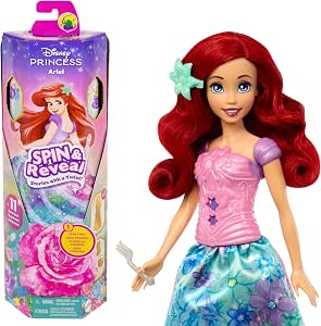 Mattel Disney Princess - Ariel Spin & Reveal, set con bambola e 11 sorprese da scoprire, 5 accessori e 5 adesivi inclusi, look ispirato al film Disney, giocattolo per bambini, 3+ anni, HTV88