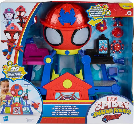 Spidey e i suoi fantastici amici, Rescue-Webs Web-Quarters, playset con action figure da 7,6 cm e veicolo giocattolo, giocattoli a tema supereroi per bambini e bambine, dai 3 anni in su