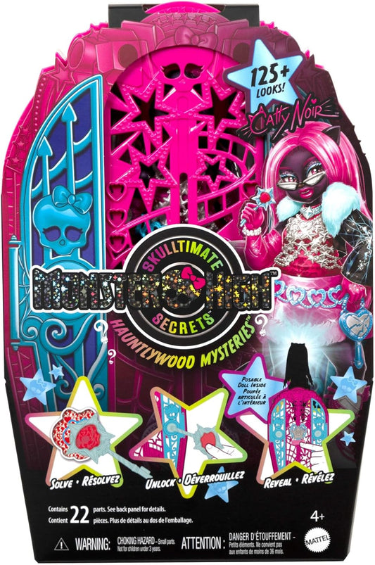 Monster High Segreti da Brivido - Catty Noir I Misteri di Hauntlywood, bambola con abiti, guardaroba e 19 accessori glamour a sorpresa inclusi, giocattolo per bambini, 4+ anni,