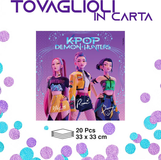 20 Tovaglioli K-pop Demon Hunters in Carta 33 x 33 cm, Decorazione Festa Compleanno, Tavola, per Bambini