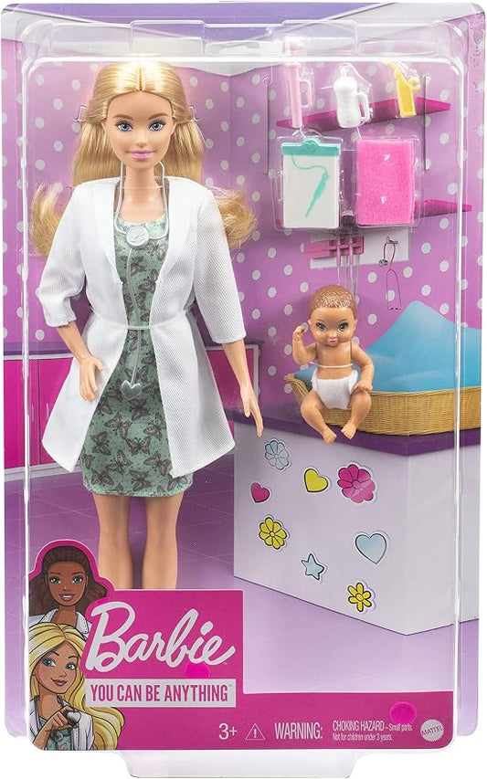 Barbie - Playset Pediatra con Bambola Barbie Bionda e Neonata, Stetoscopio, Termometro, Oscilloscopio, Cartella Clinica, Coperta, Biberon, Accessori da Pediatra, Giocattolo per Bambini 3+ Anni,