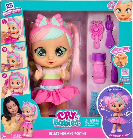 CRY BABIES Bella Morning Routine, Bambola, Fa 3 Routine Interattive, Applaude e Balla e i suoi Occhi si Illuminano, Include 6 Accessori, Giocattolo Regalo per Bambini dai 3 Anni in su