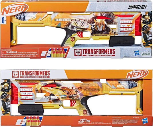 Nerf Transformers Bumblebee Dart Blaster, 8 freccette Nerf Elite, azione a pompa, giocattolo in schiuma, per bambini e bambine di 8 anni