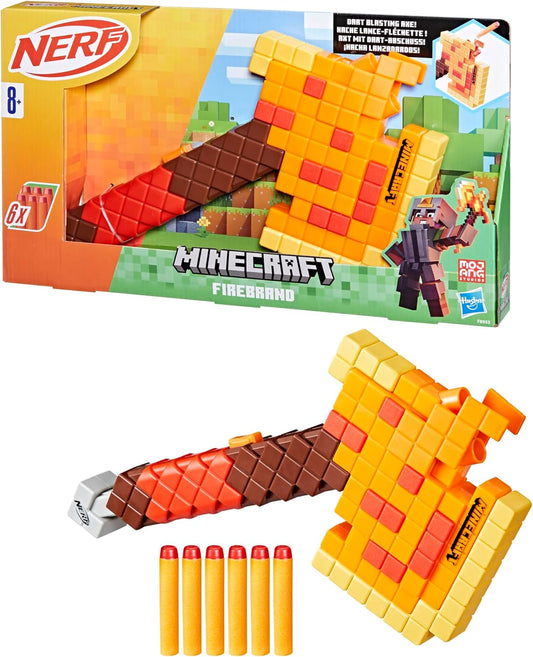 Nerf Minecraft Firebrand, Ascia Lancia-Dardi, 6 Dardi in Gommapiuma Nerf Elite, Design Ispirato all'Ascia di Minecraft, Maniglia per la Carica da Tirare...
