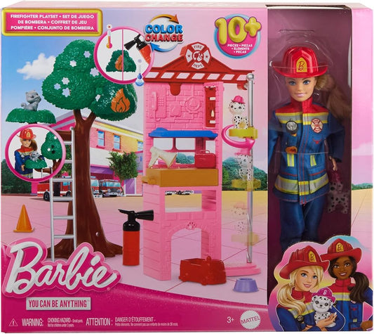 Barbie Carriere - Vigilessa del Fuoco, playset con bambola e caserma dei pompieri, include 2 cuccioli con effetto cambia colore, un albero e 10 accessori, giocattolo per bambini, 3+ anni, HRG55