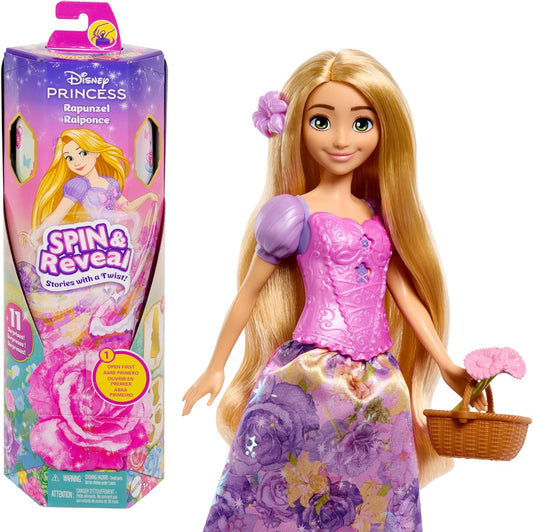 Mattel Disney Princess - Rapunzel Spin & Reveal, set con bambola e 11 sorprese da scoprire, 5 accessori e 5 adesivi inclusi, look ispirato al film Disney, giocattolo per bambini, 3+ anni, HTV86