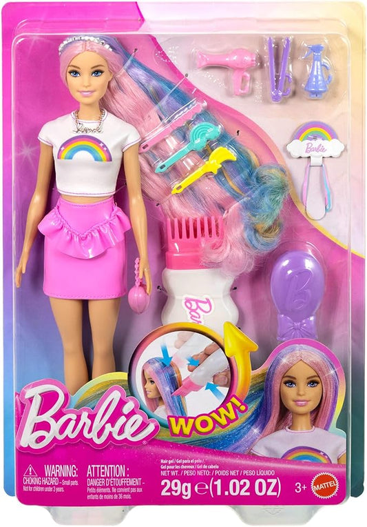 Barbie - Capelli Arcobaleno, bambola dai capelli extra lunghi e colorati, 12 accessori per lo styling inclusi, tubetto di glitter, spazzola, fermagli, asciugacapelli,