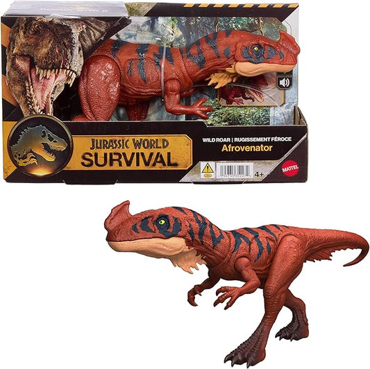 Mattel Jurassic World - Afrovenator Ruggito Selvaggio, dinosauro snodabile con mandibola multidirezionale, mossa d'attacco e suoni inclusi, giocattolo per bambini, 4+ anni, JKL76