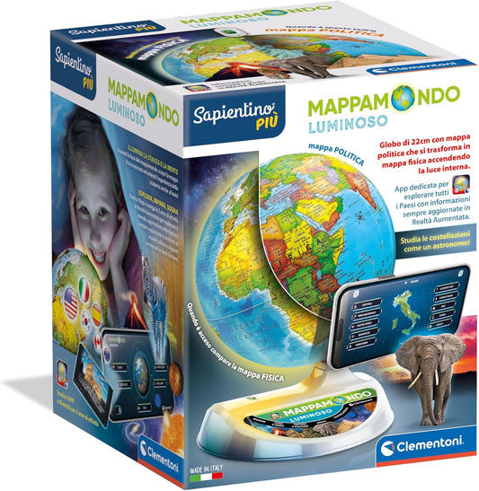 Clementoni Sapientino Più - Mappamondo Luminoso, Gioco Educativo per Bambini dai 7 Anni in su, Globo Educativo 22cm con App Dedicata in Realtà Aumentata, Made in Italy, Lingua Italiana, 16468