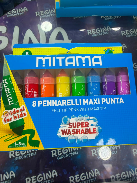 Mitama - Pennarelli Maxipunta Super Lavabili - Astuccio da 8 pennarelli - Punta maxi (1-8 mm)- impugnatura ergonomica - Colori Scuola - Pastelli Astuccio Scuola
