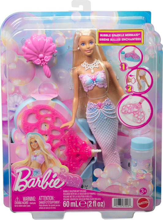 Barbie - Sirena Bolle di Sapone, bambola dai lunghi capelli biondi con ciocca colorata, funzione e soluzione magica per creare le bolle incluse, 3+ anni,