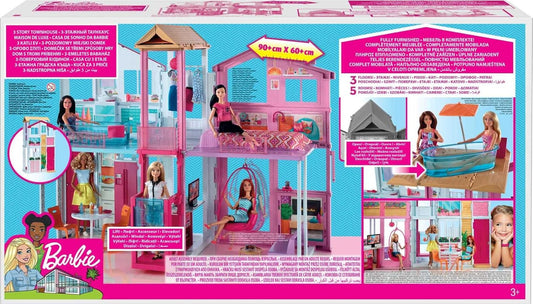 Barbie - La Casa a 3 piani, playset con ascensore e altalena, mobili e accessori inclusi, chiudibile per il trasporto, giocattolo per bambini, 3+