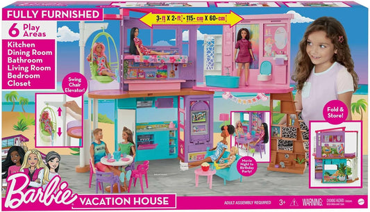 Barbie - Casa di Malibu (106 cm) playset casa delle bambole con 2 piani, 6 stanze, ascensore altalena e più di 30 pezzi, Giocattolo per Bambini 3+ Anni