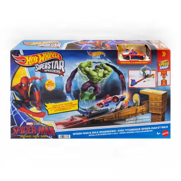 Hot Wheels - Spider-Man e Hulk Spacca, pista da corsa ispirata al film Spider-Man: Brand New Day, con i due iconici supereroi Marvel e auto Superstar inclusi,