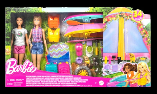 Barbie Outdoor Campeggio Playset con 2 Bambole + Tenda + 2 Kayak, 34 Pezzi