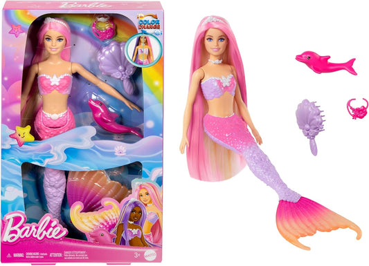 Barbie - Malibu Sirena, bambola con capelli rosa e accesory per lo styiling, funzione cambia colore in acqua, cucciolo di delfino incluso, giocattolo per...